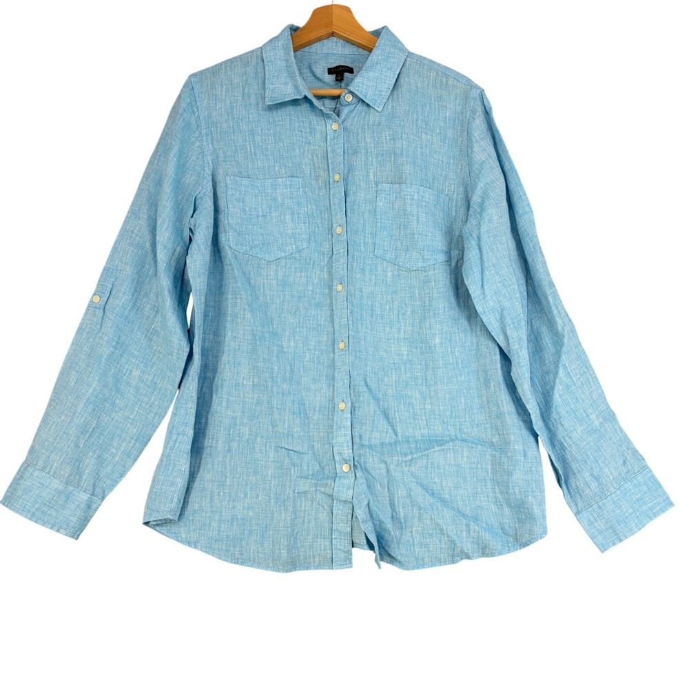Talbots Womens Large Light Blue 100% Linen Button Down Roll Tab Sleeve Shirt NWT